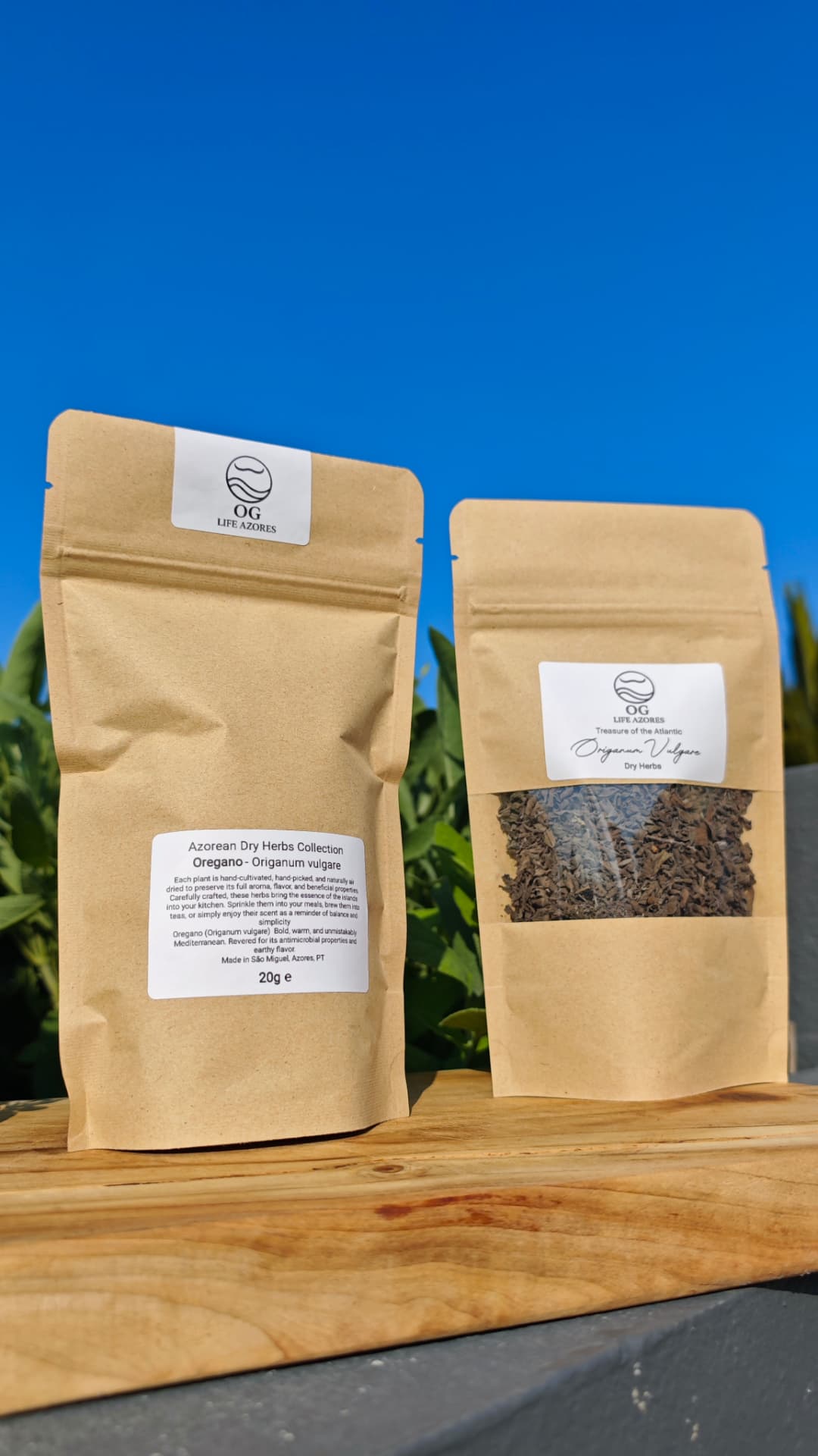 Two Oregano dry herb pouches with front and back labels under blue sky